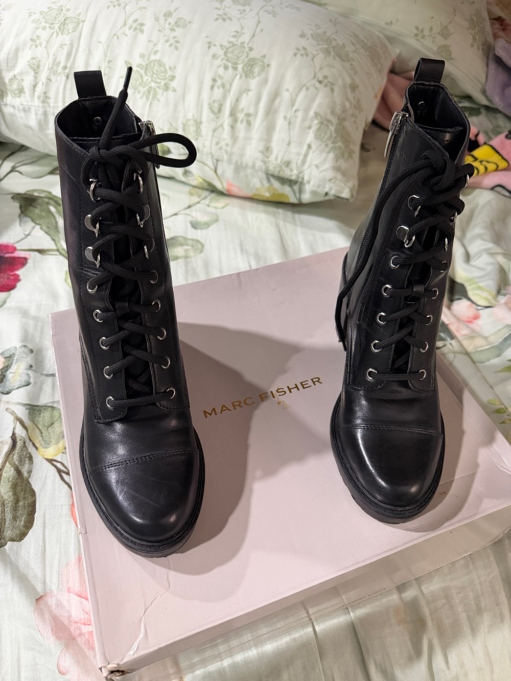 Marc Fisher Black Lace-Up Leather Ankle Combat Boots